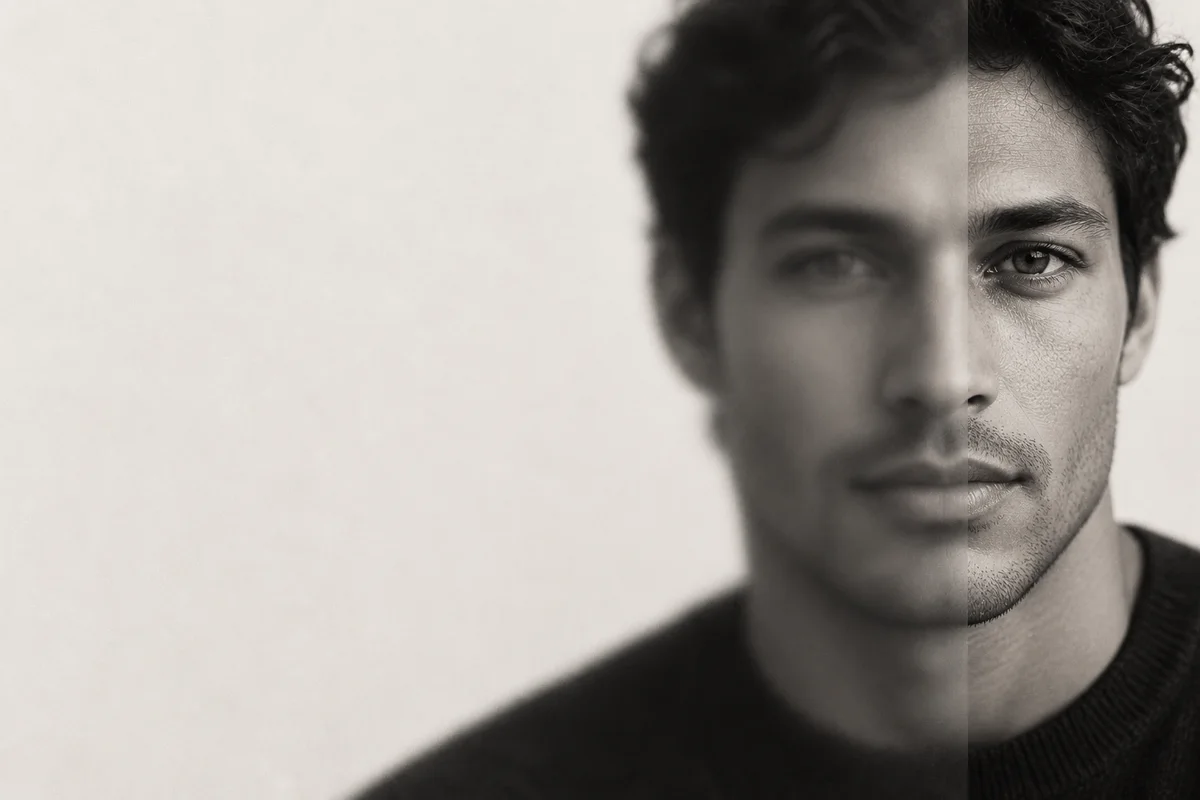 Conceptual monochrome portrait of a man transitioning from soft focus to clarity